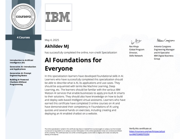 AI Foundations for Everyone Specialization Certificate