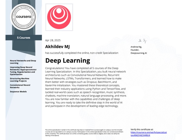 Deep Learning Specialization Certificate