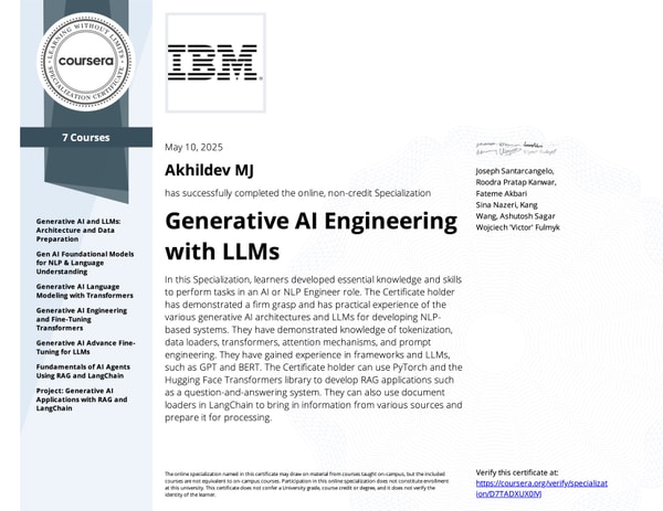 IBM Generative AI Engineering with LLMs Specialization Certificate