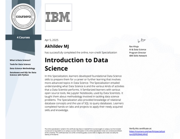 Introduction to Data Science Specialization Certificate